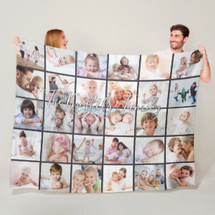 Family Name Overlay 30 Photo Collage Template Grey Fleece Blanket