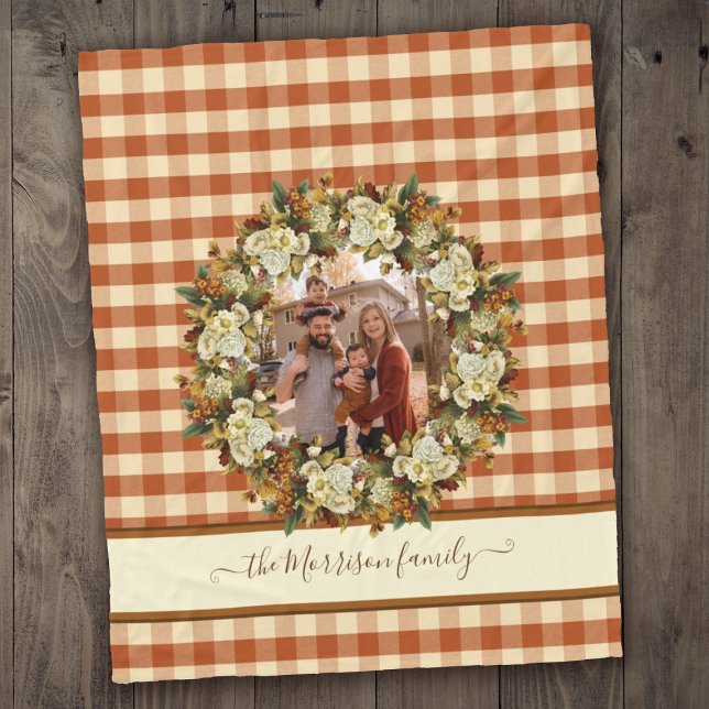 Family Name + Photo Buffalo Check Fall Floral Fleece Blanket (Family Name + Photo Buffalo Check Fall Floral Fleece Blanket
)