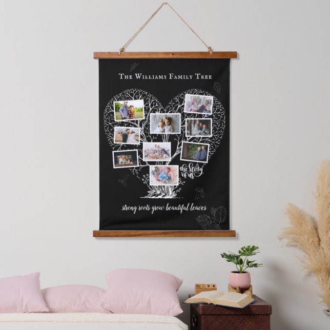 Family Name Photo Collage | Family Tree Heart Hanging Tapestry (Bedroom)
