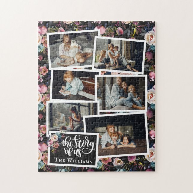 Family Name Photo Collage | Floral on Black Jigsaw Puzzle (Vertical)