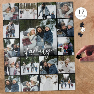 Family Name Photo Collage Modern Script 17 Photos Jigsaw Puzzle
