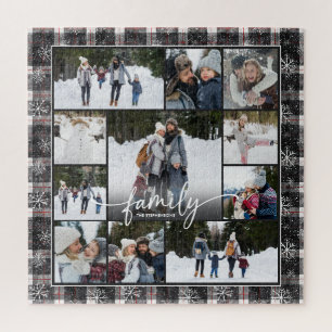 Family Name Photo Collage Winter Plaid Snowflakes Jigsaw Puzzle
