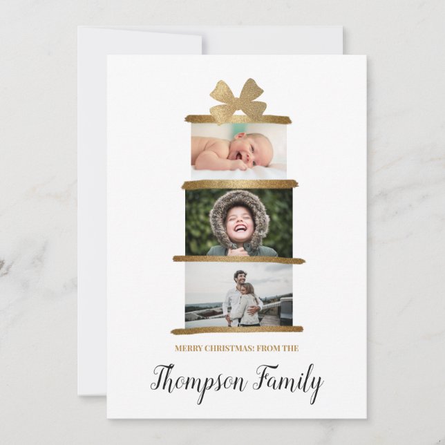 Family Name Photos Gift Bow Gold Christmas Holiday Card (Front)