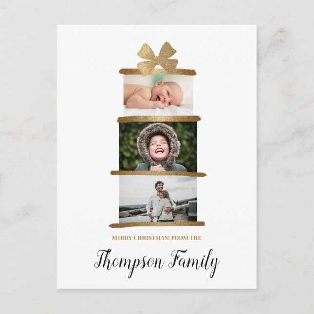 Family Name Photos Gift Bow Gold Christmas Holiday Postcard (Front)