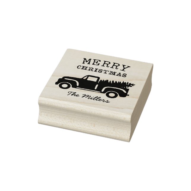 Family name Pine Tree Truck Christmas  Rubber Stamp (Stamp)