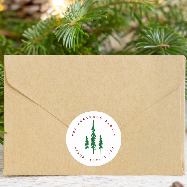 Family Name Pine Trees Christmas Envelope Seal (Enhance your Christmas mailings with this striking minimalist pine tree envelope seal. Get it today!)