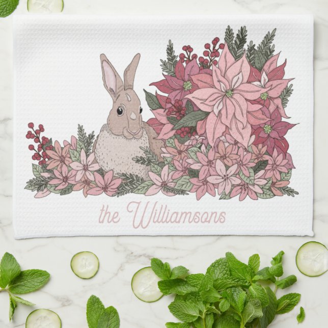 Family Name Pink Flowers and Rabbit Christmas Tea Towel (Folded)