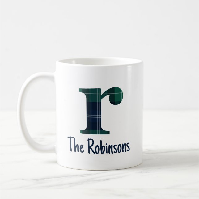 Family Name Plaid Lowercase Letter r Initial Coffee Mug (Left)
