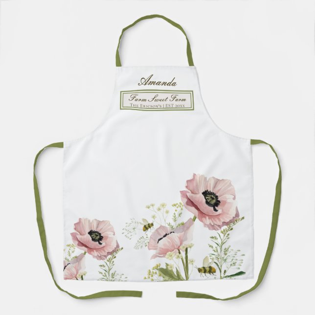 Family name poppies, wildflower, bees customisable apron (Front)