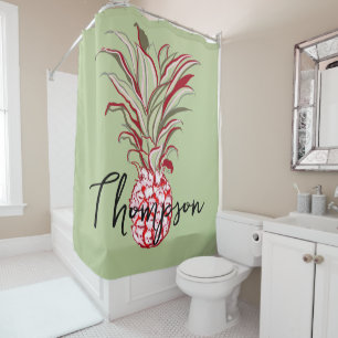 Family name pretty illustration of pineapple green shower curtain