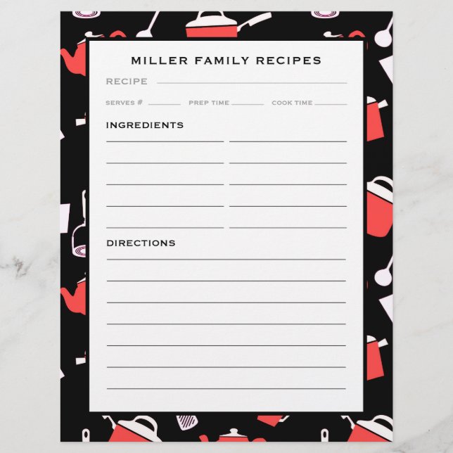 Family Name Recipe Insert | Black & Red Kitchen (Front)