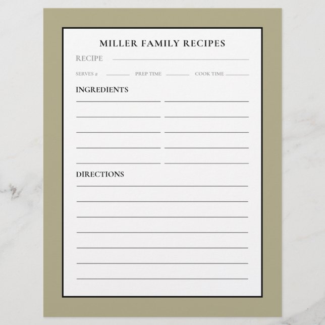 Family Name Recipe Insert | Sage Black & White (Front)