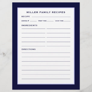Family Name Recipe Page   Simple Navy Blue & White