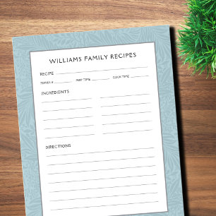 Family Name Recipe Page Vintage Blue Floral Notepad
