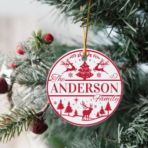 Family Name Red and White Classic Custom Christmas Ceramic Tree Decoration