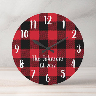 Family Name Red Buffalo Plaid Round Clock
