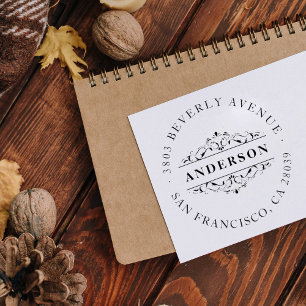 Family Name Red Flourish Round Return Address Self-inking Stamp