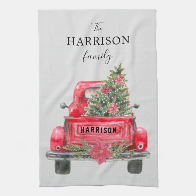 Family Name Red Truck Christmas Tree Holiday Kitch Tea Towel (Vertical)