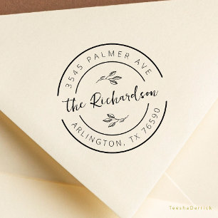 Family Name Return Address Botanical Round Logo Rubber Stamp