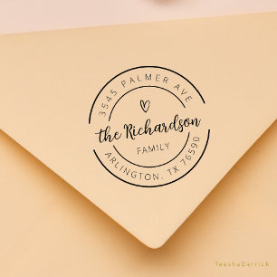 Family Name Return Address Cute Heart Round Logo Rubber Stamp