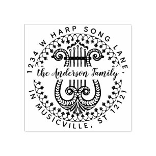 Family Name Return Address   Elegant Ornate Harp Rubber Stamp