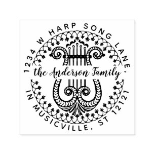 Family Name Return Address   Elegant Ornate Harp Self-inking Stamp
