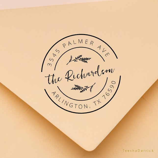 Family Name Return Address Eucalyptus Round Logo Rubber Stamp (Modern Rustic Family Name Return Address Botanical Round Logo Rubber Stamp New Home Announcement)