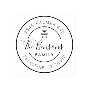 Family Name Return Address round logo, Cute Pot Rubber Stamp