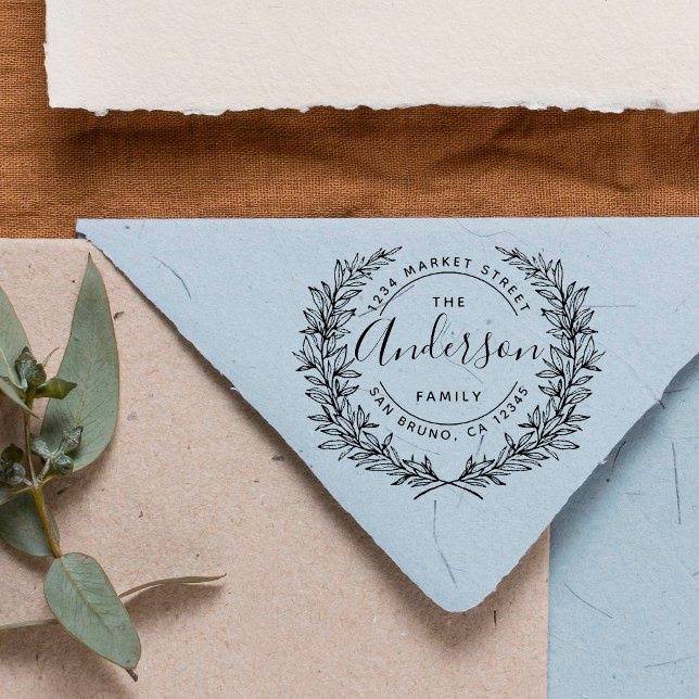 Family Name Round Hand-drawn Wreath Address Rubber Stamp (Creator Uploaded)