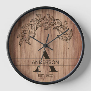Family Name Rustic Farmhouse Wood Monogrammed Gold Clock