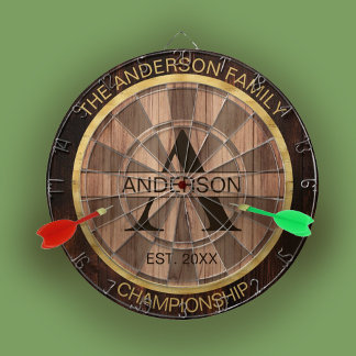 Family Name Rustic Farmhouse Wood Monogrammed Gold Dartboard