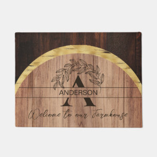 Family Name Rustic Farmhouse Wood Monogrammed Gold Doormat