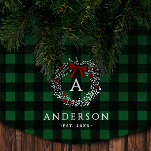 Family Name Rustic Holiday Wreath Buffalo Plaid Brushed Polyester Tree Skirt