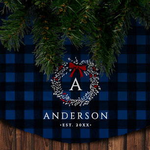 Family Name Rustic Holiday Wreath Buffalo Plaid Brushed Polyester Tree Skirt