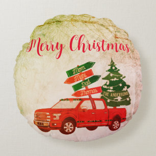 Family Name Rustic Vintage Red Truck Christmas Round Cushion