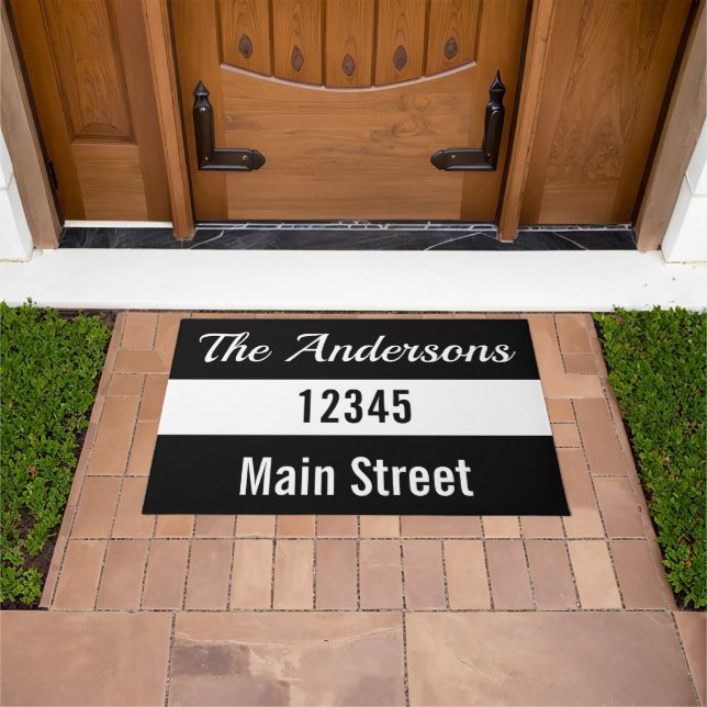 Family Name Script Street Address Black and White Doormat (Outdoor)