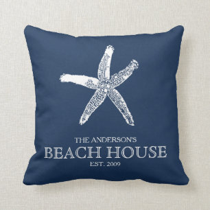 Family Name Starfish Navy Blue Beach House Cushion