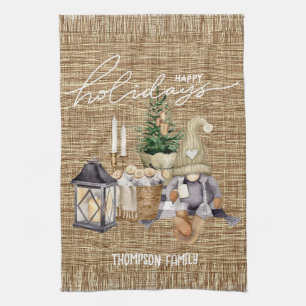 Family name Stylish modern burlap Watercolor Santa Tea Towel