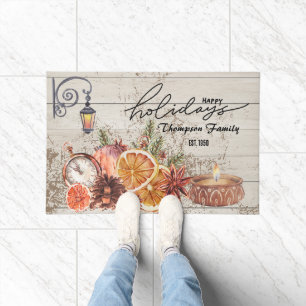 Family name Stylish Modern rustic wood Christmas Doormat