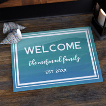 Family Name Teal Watercolor Waves Welcome Doormat