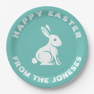 Family Name Teal White Happy Easter Bunny Rabbit Paper Plate