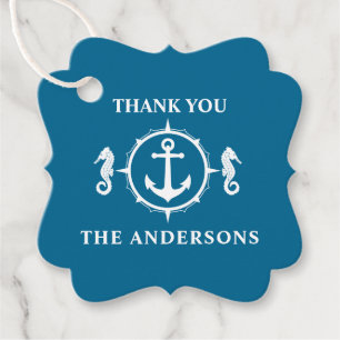 Family Name Thank You Seahorse Anchor Aqua Blue Favour Tags