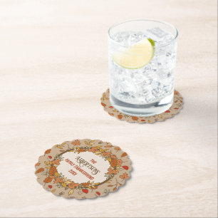 Family Name Thanksgiving Fall Leaves Paper Coaster