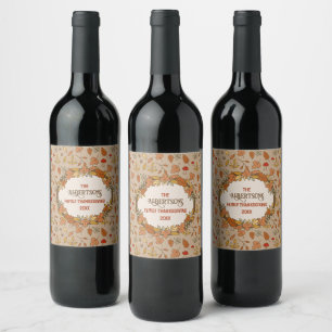 Family Name Thanksgiving Fall Leaves Wine Label
