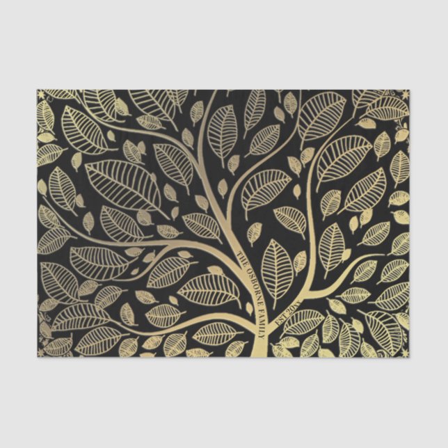  Family Name Tree Black Gold Leaves Decoupage Tissue Paper (Front)