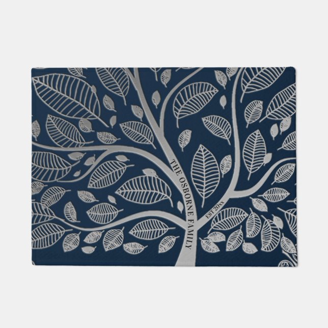  Family Name Tree Blue Grey Leaves Genealogy     Doormat (Front)