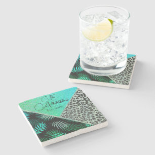 Family Name Tropical Fern Leopard Glitter     Stone Coaster