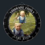 Family Name Two Photo Game Room Dartboard<br><div class="desc">Coloured background with custom name and two photo option in the centre of the board. Other colours available in the shop.</div>