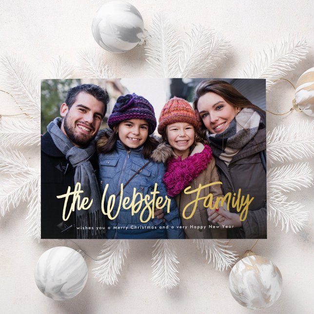 Family name two photo red Christmas Foil Holiday Card (Creator Uploaded)