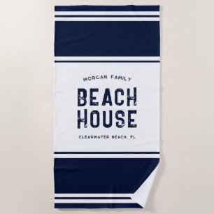 Family Name Vacation Beach House Navy Blue Towel